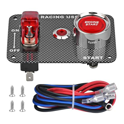 DC12V Racing Car Ignition Switch Panel Carbon Fiber Rocking Switch+Engine Start Push Button with Red Indicator Light (Red) - color: Red