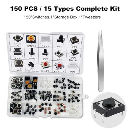 150Pcs 15 Values 2/4 Pins Tactile Push Button Switch Assortment Kit