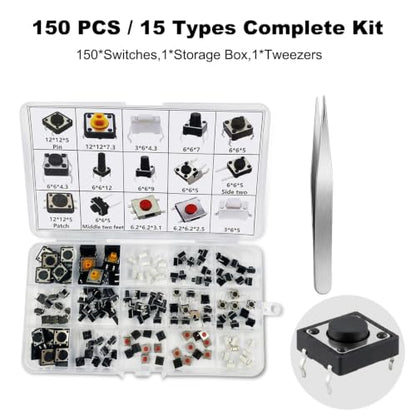 150Pcs 15 Values 2/4 Pins Tactile Push Button Switch Assortment Kit
