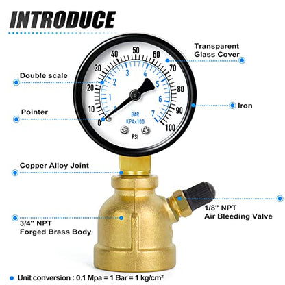 MEANLIN MEASURE 0-100Psi Forged Brass Air Test Pressure gauges, 3/4" FNPT Connection, 2" Double Graduated, Bell Shape Body Assembly, -3-2-3% Accuracy - size: 0-100Psi, style: Brass Body