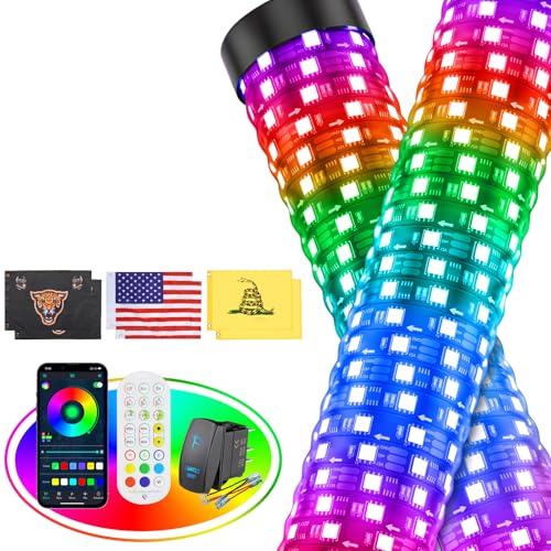 Ehaho 2PCS 1FT Fat Whip Lights for UTV ATV, Led Fatty Whip Light W/Rocker Switch & 6 Flags, Brighter Spiral Chasing Lighted Antenna Whip with APP & Remote Control for RZR SXS Can-Am - size: 1FT-2PCS