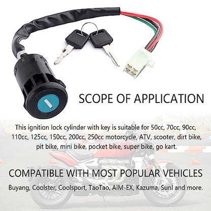 Ignition Switch with Key,Standard 4 Wire Ignition Lock Cylinder Fit for 50-250cc Motorcycle,Scooter,ATV,Pocket Bike,Dirt Bike,Motorcycle Accessories Ignition Switch Cylinder