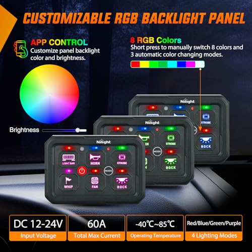 Nilight 6 Gang Switch Panel APP RGB 12V 24V Circuit Control System 4-Mode - color: RGB, size: 6 Gang Switch 4 Modes