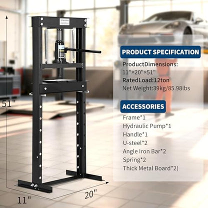 12T Hydraulic Press, Heavy-Duty h-Frame Garage Floor Hydraulic Shop Press - color: Black ( With Gloves）