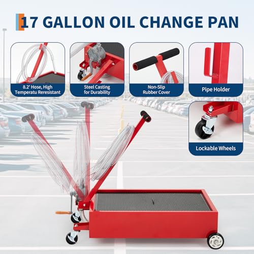 GarveeTech Oil Drain Pan 15 Gallon Oil Drain Tank,57L Low Profile Oil Drain Pan,Oil Catch Pans for Changing Oil,Foldable Hand, with Pump, Hose, Swivel Casters for Car, SUV, Trucks Oil Draining Red