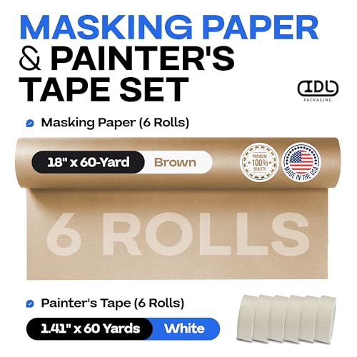 IDL Packaging 18" x 60 Yards Brown Masking Paper Set with Tape (6 Rolls) - size: Brown 18" X 60 Yards, style: SET White, Pack of 6