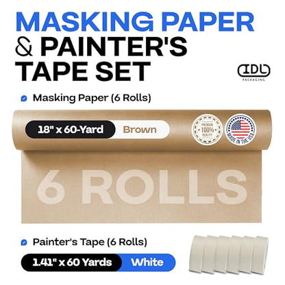 IDL Packaging 18" x 60 Yards Brown Masking Paper Set with Tape (6 Rolls) - size: Brown 18" X 60 Yards, style: SET White, Pack of 6
