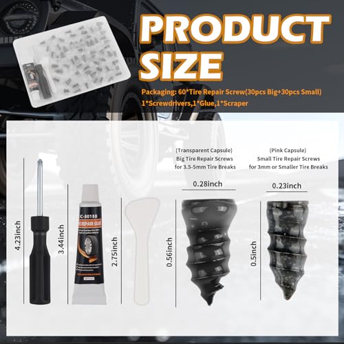 60PCS 2-Size Tire Plug Kit with Tire Sealant Glue & Screwdriver - color: 2 Size/60PCS+Glue