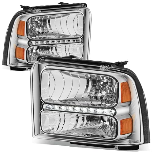 Auto Dynasty LED DRL Headlights for 2005 2006 2007 Ford F250 F350 F450 F550 - color: Chrome Housing Amber Corner