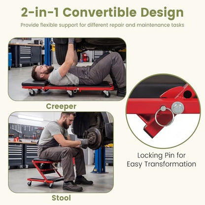 IRONMAX Folding Mechanic Z-Creeper, 2-in-1 Automotive Creeper & Stool, Red