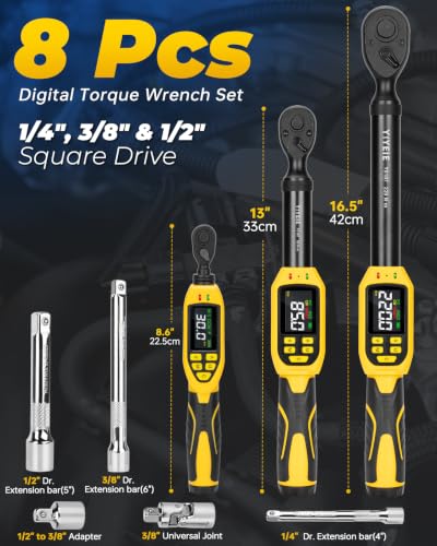 1/2", 3/8" &1/4" Digital Torque Wrench Set, 162Ft-lb, 62.5Ft-lb & 22.1Ft-lb - size: 1/2" & 3/8" & 1/4" 8 PC