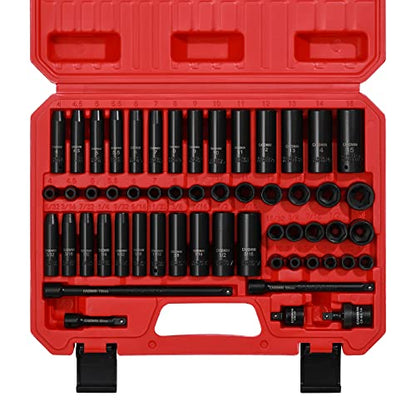 CASOMAN 55PCS 1/4-Inch Drive Impact Socket Set, Shallow & Deep, 5/32 Inch - 9/16 Inch, 4mm - 15mm, Metric/SAE, 6-Point, Cr-V Steel Socket Set - size: 1/4"