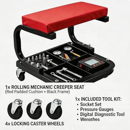 Rolling Creeper Garage/Shop Seat,250 LBS Capacity Heavy Duty Rolling Mechanic Stool with Wheels,Automotive Padded Creeper Seat with Tool Tray Storage for Garage, Shop, Auto Repair