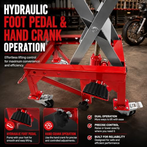XtremepowerUS 300 lb Hydraulic Motorcycle Scissor Lift Jack, Foot Operated Mini Lift Table with Hand Crank, Motorcycle Dirt Bike ATV Lift Stand, Heavy Duty Maintenance Hoist, Red