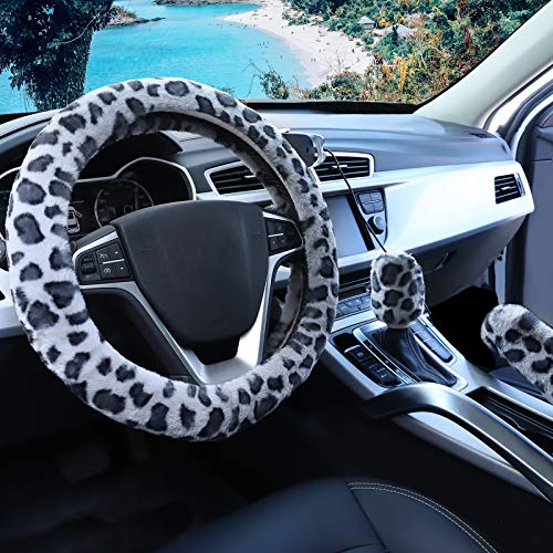 Fuzzy Steering Wheel Cover for Women Girls, Accmor Universal Fit Fur Car Wheel Cover & Handbrake Cover & Gear Shift Cover Set, Leopard Winter Warm Fluffy Vehicle Wheel Protector for Auto, SUV - color: Light Grey/Dark Gray Leopard