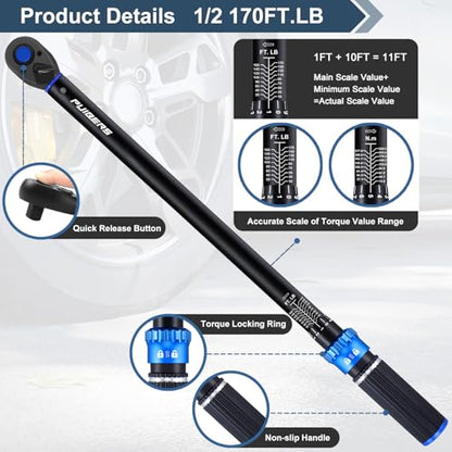 Torque wrench Set 1/2 drive,1/2 Torque Wrenches 10-170 FT.LB/13.6-230.5 Nm,±3% Precision Wrench with 1/2'' to 3/8'' Socket Adapter, 5 Inch Extension Bar for Car and Moto Maintenance - size: 1/2" 10-170 FT.LB - 4 Pcs