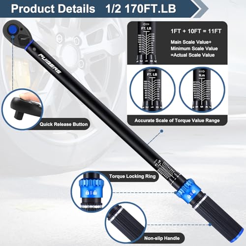Torque wrench Set 1/2 drive,1/2 Torque Wrenches 10-170 FT.LB/13.6-230.5 Nm,±3% Precision Wrench with 1/2'' to 3/8'' Socket Adapter, 5 Inch Extension Bar for Car and Moto Maintenance - size: 1/2" 10-170 FT.LB - 4 Pcs