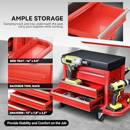 Auto Dynasty Mechanic Rolling Seat, 3-Drawer w/Tool Tray, 350LBS, Red - color: Red