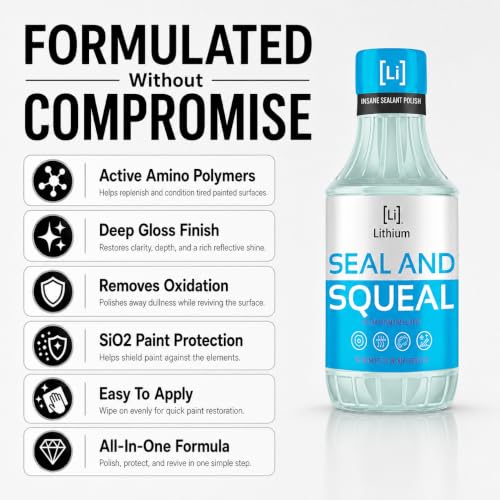 Lithium Seal and Squeal Car Paint Restorer, Polish and Sealant for Incredible Shine - Curable Amino Functional Polymers Fused with Si02 Ceramic Nano Technology - Lasts for up to 12 Months (16 oz)