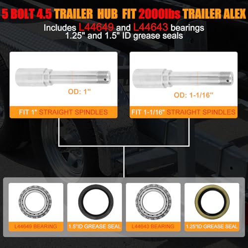 5 Lug Trailer Hub 2000Lbs, Fits 1"/1-1/16" Straight Spindle, 5x4.5 Boat Axle 2Pk - style: 5 on 4.5" Trailer Hub Kit for 2,000 lb Axle