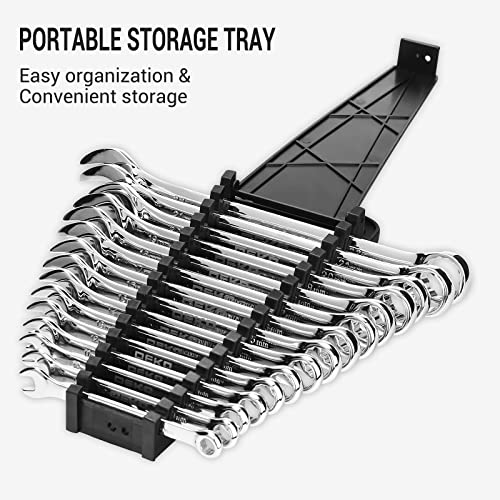 DEKOPRO Combination Wrench Set, Metric, 15-piece, 8-22mm, 12-Point, Chrome Vanadium Steel, with Plastic Tray - size: 15-Piece (Metric: 8-22 mm)