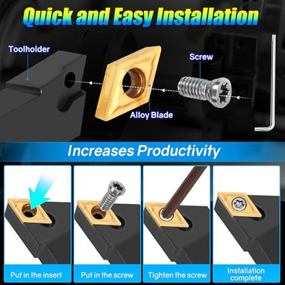 Indexable Lathe Turning Tool 1/2" 12mm Shank 14PCS Kit, 4PCS Metal Lathe Tools Holder 10PCS CCMT09T304 Carbide Insert for Turning Boring Grooving, SCMCN1212H09/SCLCL1212H09/SCLCR1212H09/S12M-SCLCR09 - style: 4pcs 1/2'' 12mm 09Shanks+10pcs Inserts