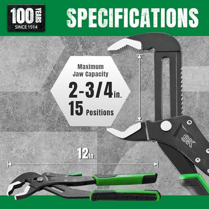 SK 12'' Quick Adjust Water Pump Pliers, SureGrip V-Jaw Groove Joint Pliers - size: 12" Quick Adjust Groove Joint Pliers