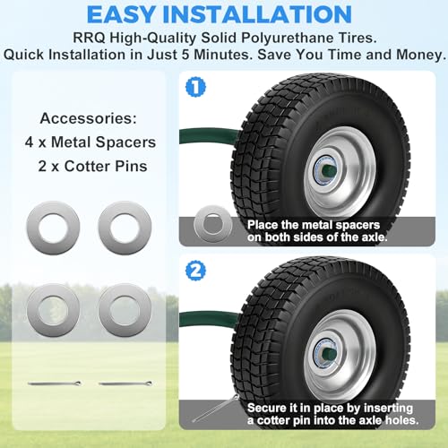 RRQ 4.10/3.50-4 Flat Free Tire and Wheel, 10" Heavy Duty Solid Tire, 2 Pack