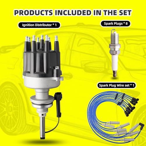 Ignition Distributor w/Cap & Rotor and 8 Iridium Spark Plugs with Wire Set Tune Up Kit 4740339AB 84-3801 Compatible with Dodge B1500 B2500 B3500 1998 Dakota Durango Ram 1500 2500 3500 Van - size: 84-3801