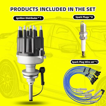 Ignition Distributor w/Cap & Rotor and 8 Iridium Spark Plugs with Wire Set Tune Up Kit 4740339AB 84-3801 Compatible with Dodge B1500 B2500 B3500 1998 Dakota Durango Ram 1500 2500 3500 Van - size: 84-3801