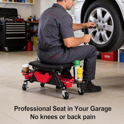 Frassie 2-in-1 Rolling Mechanic Stool Garage Creeper Seat with Modular Removable Cushion Tool Tray Heavy Duty 300 LBS Capacity for Auto Repair