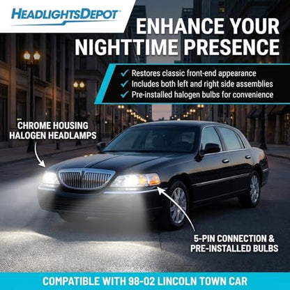 HEADLIGHTSDEPOT Chrome Housing Halogen Headlights Compatible With Lincoln Town Car 1998-2002 Includes Left Driver and Right Passenger Side Headlamps