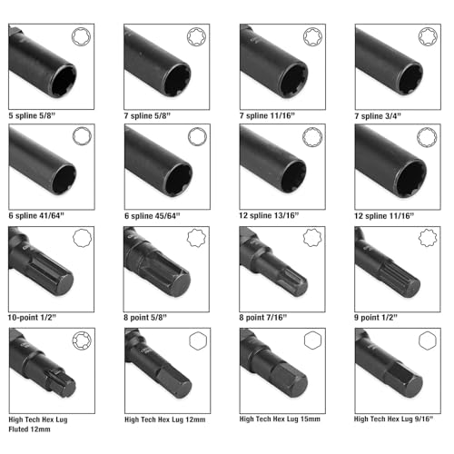 16pc Locking Lug Nut Master Key Set, SAE & Metric Wheel Lock Removal Kit for Removing Locking Spline Star Hex and Fluted Hex Lug Nuts, Lug Nut Remover Set for Mechanics and More