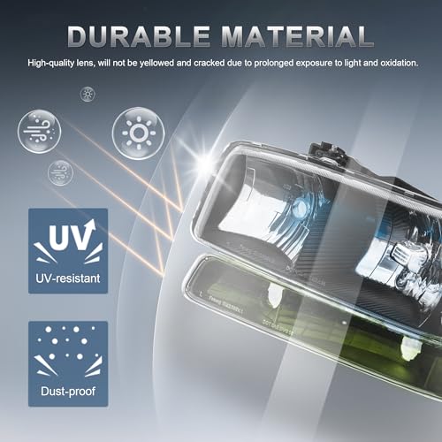 KUIPERAUTO Headlight Assembly Front Lamp Compatible with 1999-2006 GMC Sierra 1500 2500, 2000-2006 GMC Yukon Headlamp w/Bulb Black Housing/Clear Lens/Clear Corner - color: Black/Clear/Clear