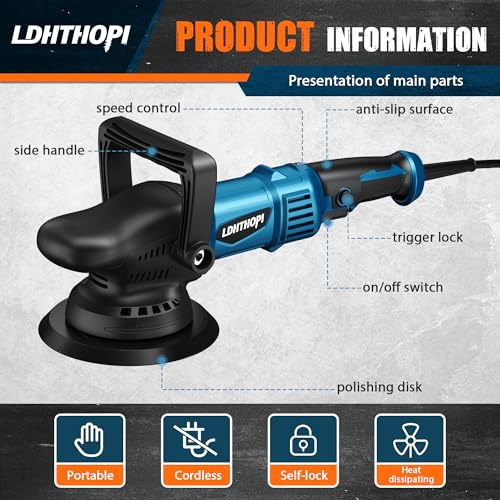 LDHTHOPI Dual Action Polisher, 980W 5/6 Inch, 9MM Random Orbital Buffer Polisher for Car Detailing, 2800-5800RMP, 6 Variable Speed Buffer Polisher with 8 Detachable Pads - size: 980W Dual