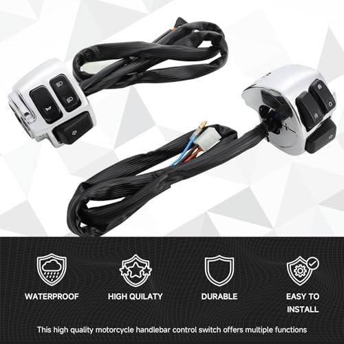 DREAMIZER Motorcycle 1" Handlebar Switches Control and Wiring Harness Compatible with Harley Softail Dyna Sportster V-Rod 1996-2012, Chrome (1 Pair) - color: Chrome