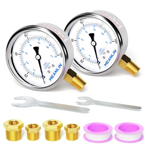 MEANLIN MEASURE 0~100Psi Stainless Steel 1/4" NPT 2.5" FACE DIAL,Liquid Filled Pressure Gauge,WOG Water Oil Air Lower Mount (Pack of 2), with 1/2" NPT and 3/8" NPT Hex Bushing - size: 0-100Psi (2Pcs)