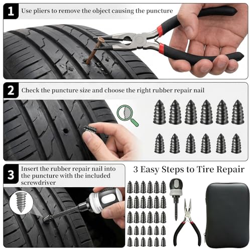 Tire Repair Kit, 60PCS Rubber Tire Repair Plugs, 3-in-1 Ratchet Tool