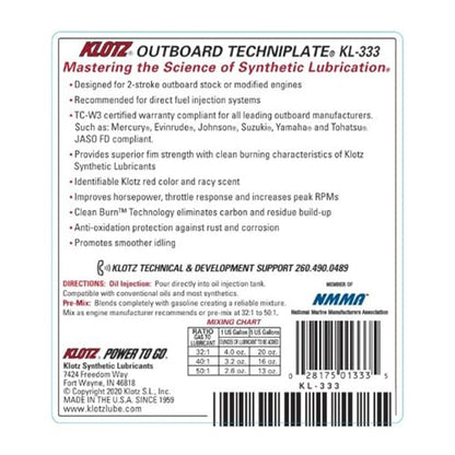 Klotz Outboard TechniPlate Synthetic Premix/Injector Oil for 2-Stroke TC-W3 Marine Engines – 1 Gallon KL-333 - size: KL-333