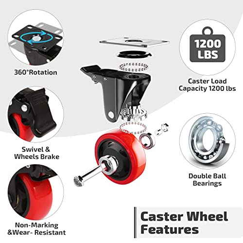 Nefish Casters Wheels Set of 4, 3 Inch Heavy Duty Caster with Brake 1200 Lbs, Safety Dual Locking Plate Castors, Top Swivel Wheels, No Noise Polyurethane for Furniture, Dollies, Trolleys - size: 3 IN