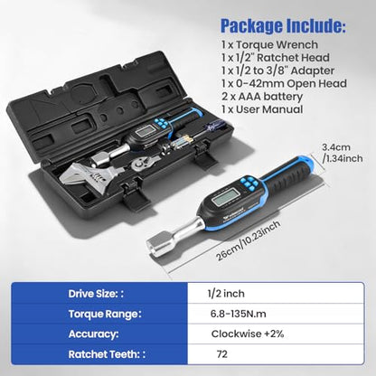 Wisscool Digital Torque Wrench, 5-99.6 ft.lb/6.8-135 N.m - size: Open-End Head/5-99.6 ft.lb