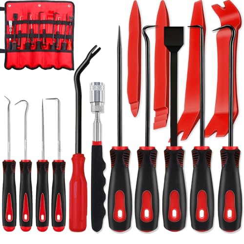 KEZE 15Pcs Carbon Steel Precision Pick & Hook and Trim Removal Tool Set - color: Red-15 Hook and Pick Set