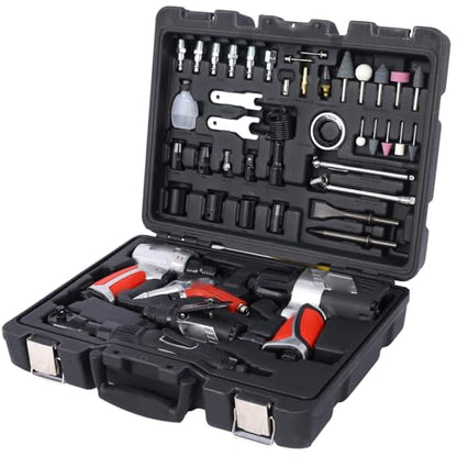 44 Piece Air Impact Wrench Set Pneumatic Tool Kit with Air Ratchet Die Grinder Air Hammer Tire Gauge and Accessories in Blow Mold Case Red
