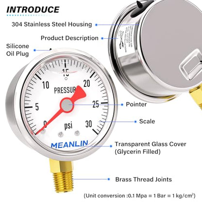 MEANLIN MEASURE 2pcs 0~30Psi Stainless Steel Liquid Filled, 1/8" NPT 1.5" Glycerin Filled Pressure Gauge, Water Oil Air, Lower Mount, with 1/4" NPT and 3/8" NPT Hex Bushing - size: 0-30Psi