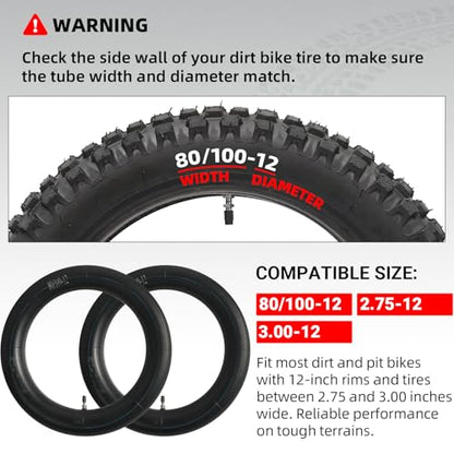 AR-PRO (2-Pack) 80/100-12 Dirt Bike Inner Tubes with TR4 Straight Valve, Replacement Standard Motorcycle Inner Tube 2.75/3.00-12 Heavy Duty, Compatible with Honda CRF70F/XR70, Yamaha TTR 90, and More - size: 2.75/3.00-12" (80/100-12), TR4 Valve