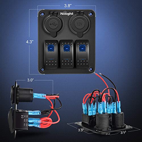 Nilight - 90115C 3 Gang Rocker Switch Panel Waterproof Pre-Wired Aluminum Switch Panel with Dual USB Charger Socket & Cigarette Lighter Socket 12V 24VDC ON Off Switch Panel for Cars Rvs Trucks