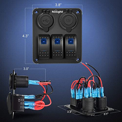Nilight - 90115C 3 Gang Rocker Switch Panel Waterproof Pre-Wired Aluminum Switch Panel with Dual USB Charger Socket & Cigarette Lighter Socket 12V 24VDC ON Off Switch Panel for Cars Rvs Trucks