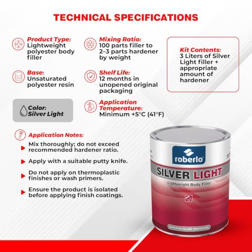 Roberlo Silver Light Multipurpose Body Filler - Superior Filling Properties, Easy Sanding, Great Adhesion to All Metal, Tack & Stain Free, Saves Time & Labor, Ideal for Heavy Fill Jobs, Smooth Texture - size: 3 Liter (Pack of 1)
