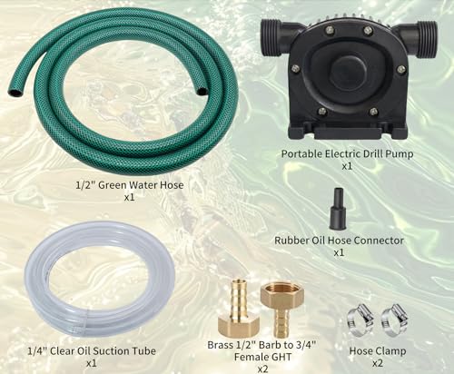 Self-Priming Mini Hand Drill Water Transfer Pump Kit with Suction and Discharge Hose for Water, Oil, and Fluid Transfer