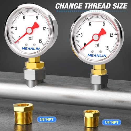 MEANLIN MEASURE 2pcs 0~15Psi Stainless Steel Liquid Filled, 1/8" NPT 1.5" Glycerin Filled Pressure Gauge, Water Oil Air, Lower Mount, with 1/4" NPT and 3/8" NPT Hex Bushing - size: 0-15Psi